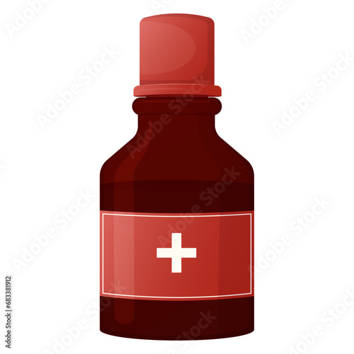 Liquid medicine in a glass bottle. Cure for illness isolated on white