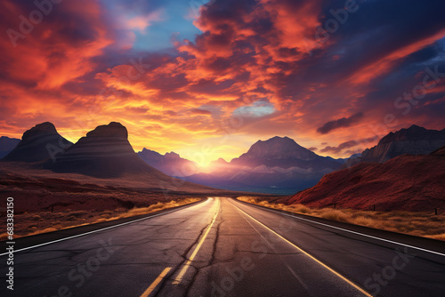 Asphalt road and mountain with sky clouds at sunset.