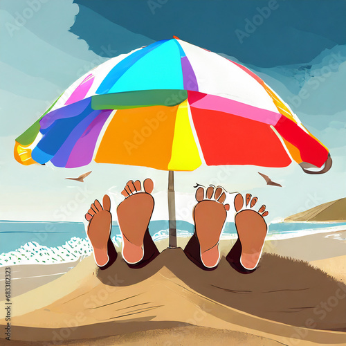 Vacation feet under colorful beach umbrella.