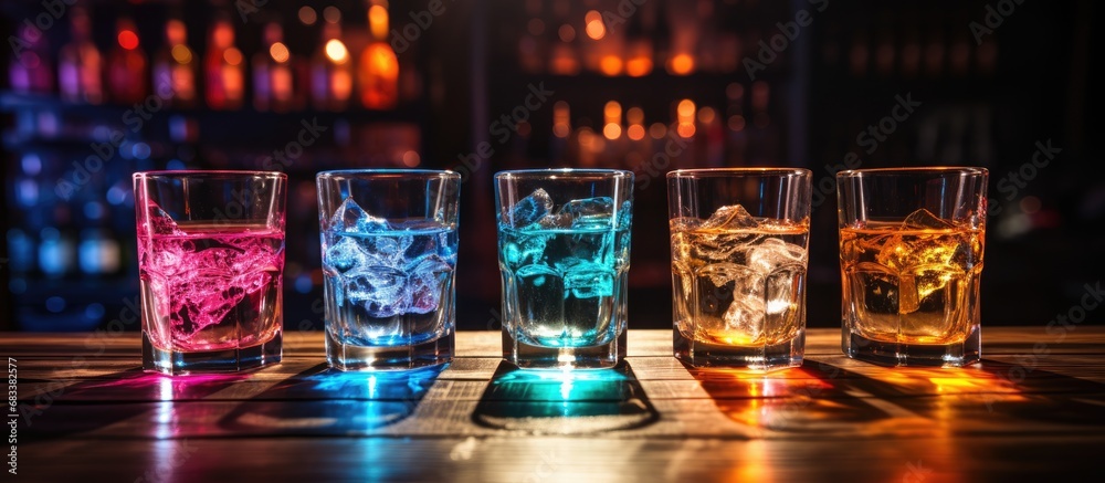 Four Lim labeled glasses on the bar at a club