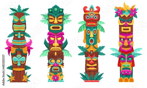 Mask totem poles. Traditional tribal sculptures, island tiki gods faces and wooden totemic statues vector set