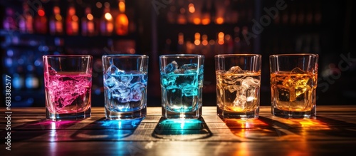 Four Lim labeled glasses on the bar at a club photo