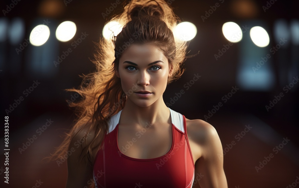Fit brunette girl jogging at the stadium in the evening. AI Fit brunette girl jogging at the stadium in the evening. AI