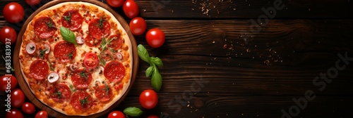 Pizza on Wooden table, Fresh Tasty Food, Cheese, tomato ketchup, mozzarella, Copy space