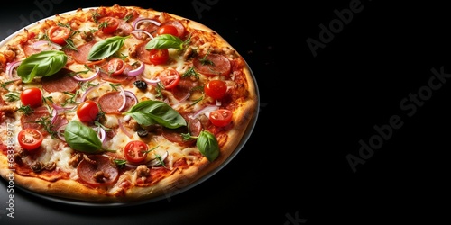 Pizza on background Copy space, Fresh Tasty Food, Cheese, tomato ketchup, mozzarella