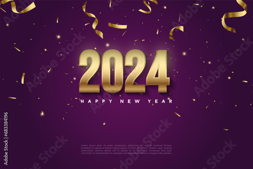 2024 new year celebration with festive gold numerals and gold ribbon. design premium vector.