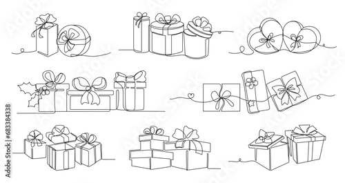 Continuous one line gifts. Gifting boxes for Christmas holiday and birthday presents. Single stroke vector illustration set