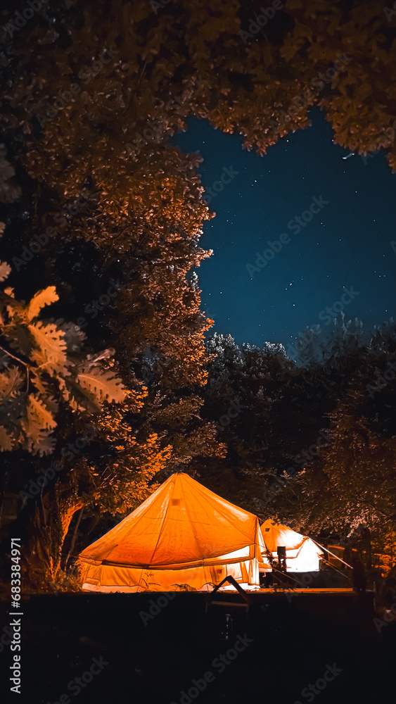 vintage tent at night under the stars
