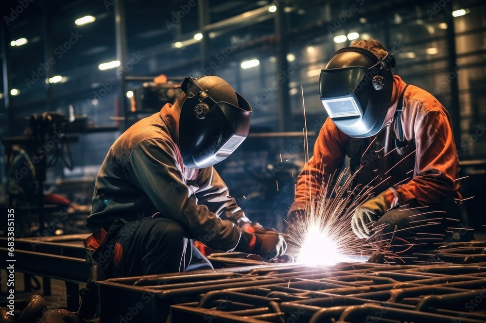 Workers welding with arc welders in industrial workshop, factory