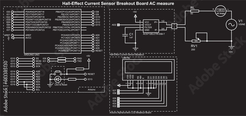Vector schematic diagram of electronic device on arduino. Connecting expansion board with current sensor and alphanumeric lcd
display to arduino. Hall effect current sensor breakout board ac measure. photo