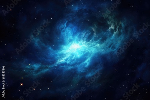  deep blue star field with a dense  swirling nebula at the center