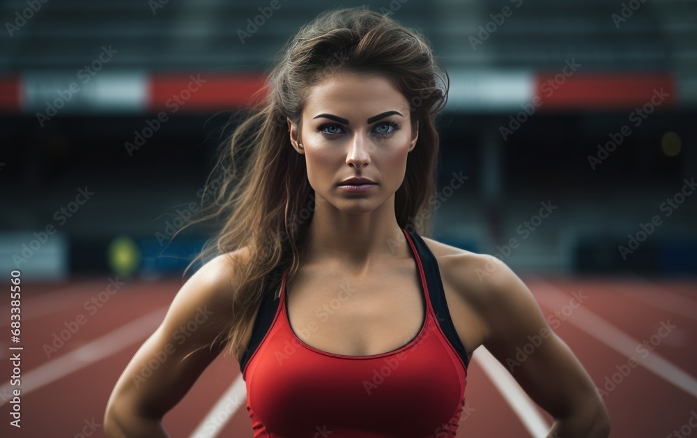 Fit brunette girl jogging at the street stadium. AI Fit brunette girl jogging at the street stadium. AI