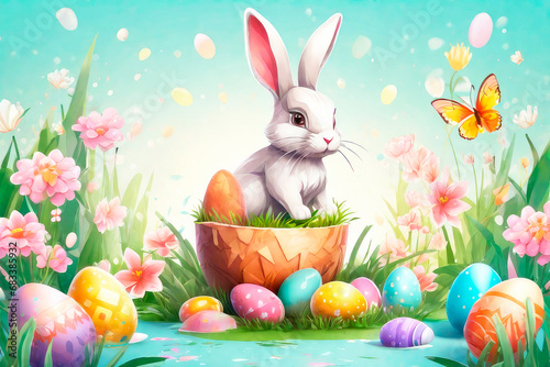 Happy Easter greeting cards with Easter eggs and floral decorative elements  3d render modern illuatration.