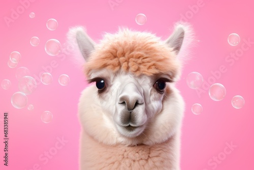 Cute alpaca with bubble gum in front of a pink backdrop