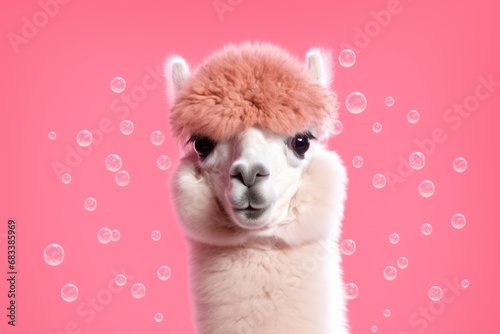 Cute alpaca with bubble gum in front of a pink backdrop © Andrus Ciprian