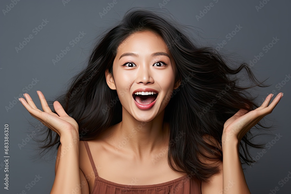 Joyful Radiance: Exuberant Young Woman with Flowing Hair. Copy Space. Joyful Radiance: Exuberant Young Woman with Flowing Hair. Copy Space.