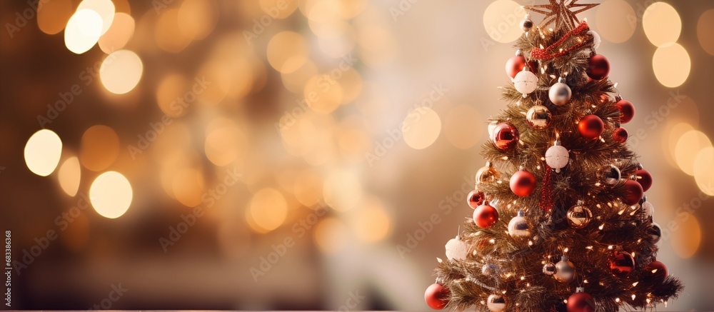 Christmas tree with red, white and gold balls on blurred background with shiny lights, copy space. Adventising banner
