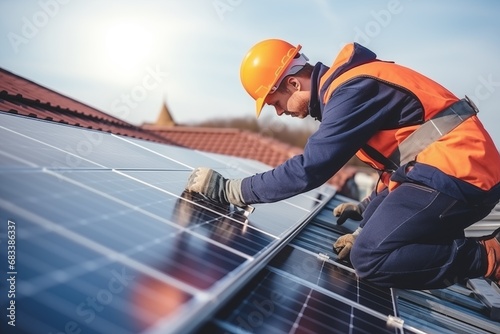 Handyman installing solar panels on the roof. Solar modules. Concept of alternative energy and power sustainable resources. Solar panel system installation.  photo