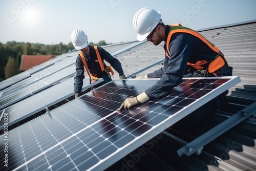 Handymen installing solar panels on the rooftop. Solar panel system installation. Concept of alternative energy and power sustainable resources.  Solar modules.  photo