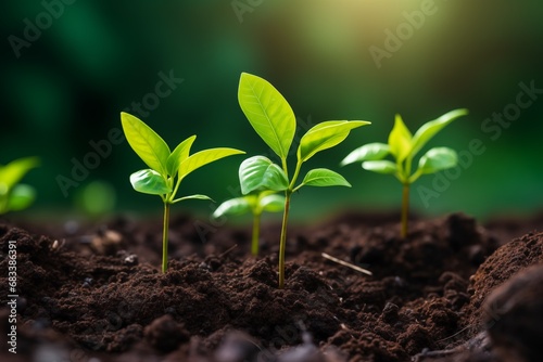 Growth trees concept . Ecology concept. Panorama small tree growing with sunrise. Coffee bean seedlings. Young sprout. nature background. Green world and earth day concept