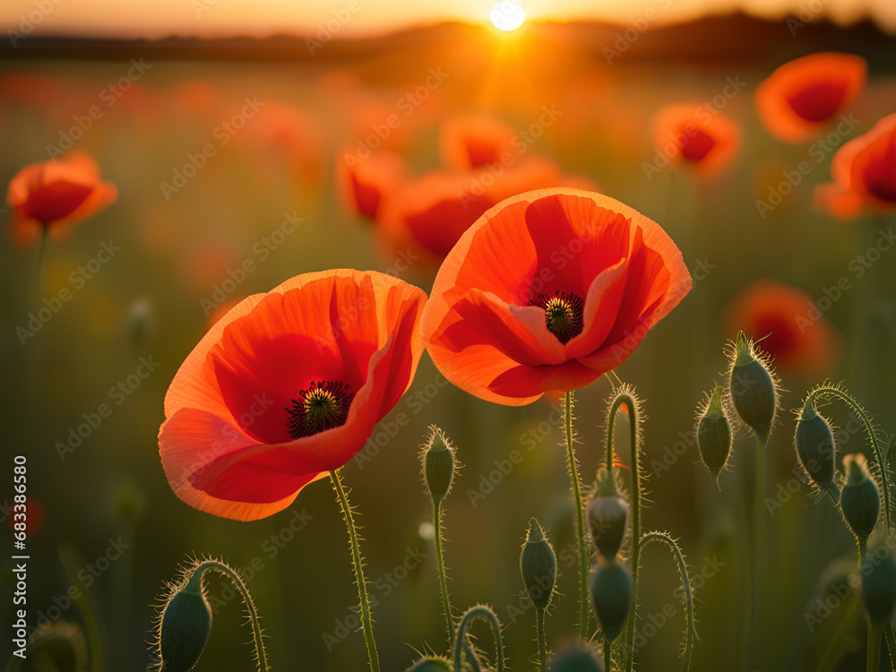 Fototapeta premium Close-up of a poppies in the summer meadow at sunset.