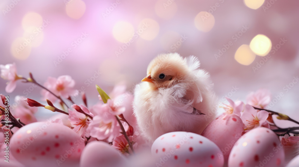 Beautiful Easter Abstract Background with Cute Yellow Chick