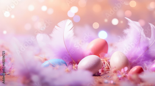 Beautiful Easter Abstract Background with Colorful Eggs and Feathers