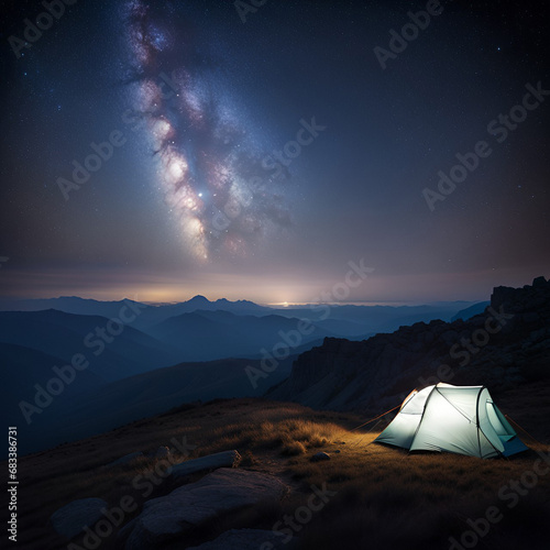 Tent in the mountains during a beautiful night full of stars