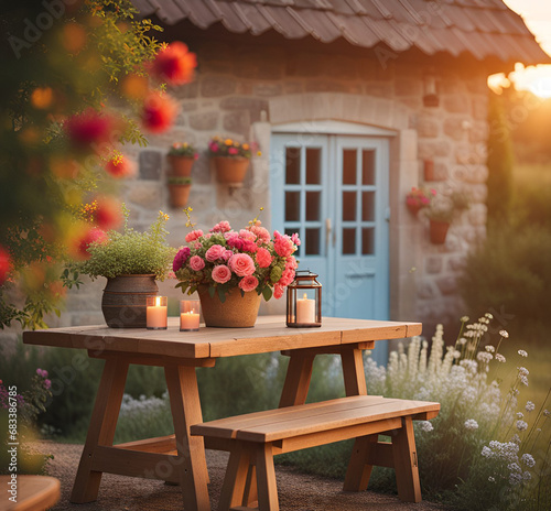 A wooden table in the garden. A vase full of flowers and candles on a wooden garden table in a summer garden at sunset.