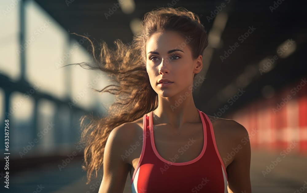 Fit brunette girl with headphones jogging at the indoor stadium. AI