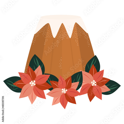 Hand drawn Pandoro traditional italian Christmas cake vector illustration isolated on white background with poinsettia flowers