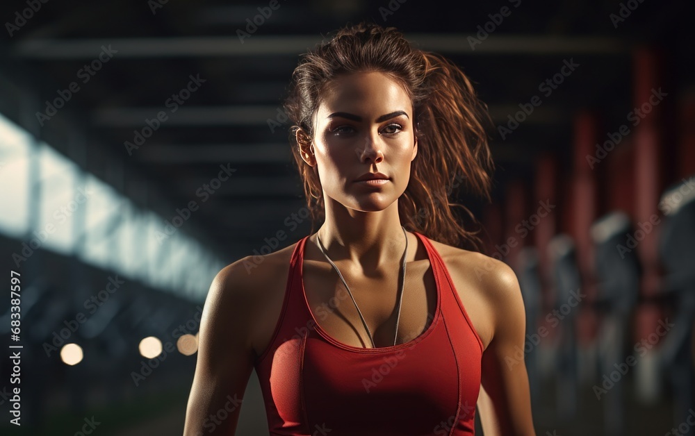Fit young woman jogging at the stadium outdoors. AI