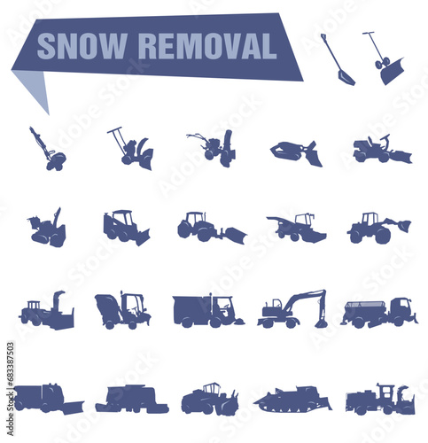 Snow removal machines from simple to complex. Snow removal. Vector illustration, symbols of industrial cleaning. photo