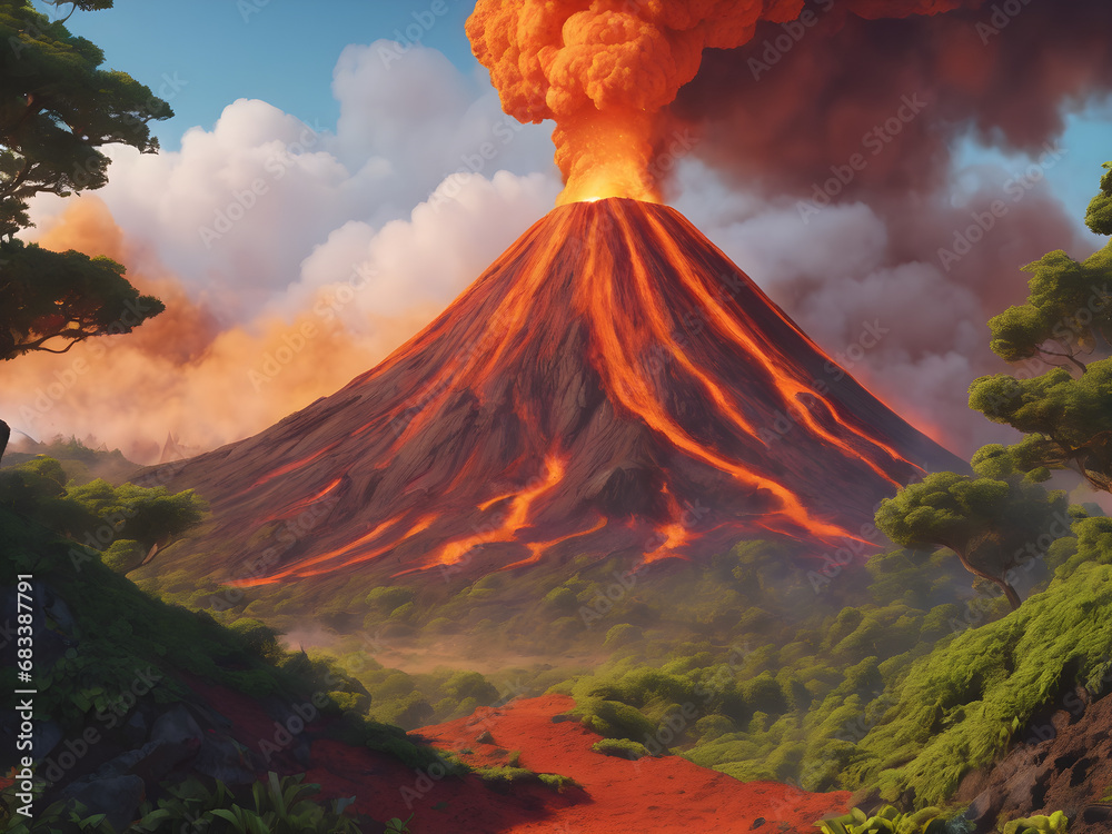 a volcano that is woken on an island. vaporizing volcano with lava. Landscape of volcano