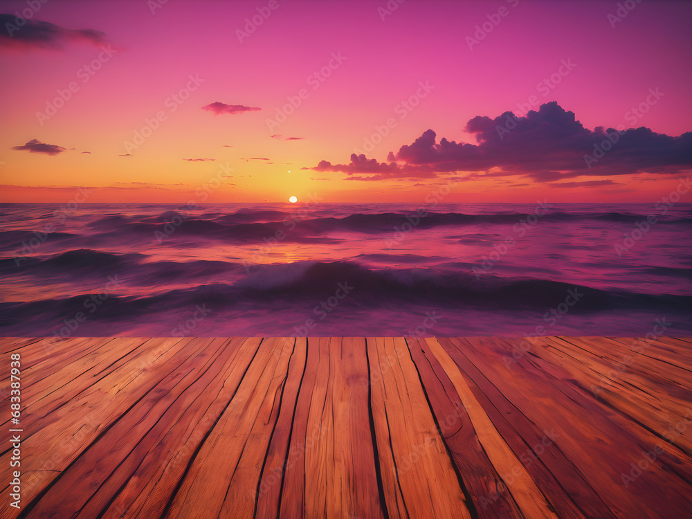 sunset on the beach in violet colors with wooden deck. Beautiful sunset at the beach in the ocean
