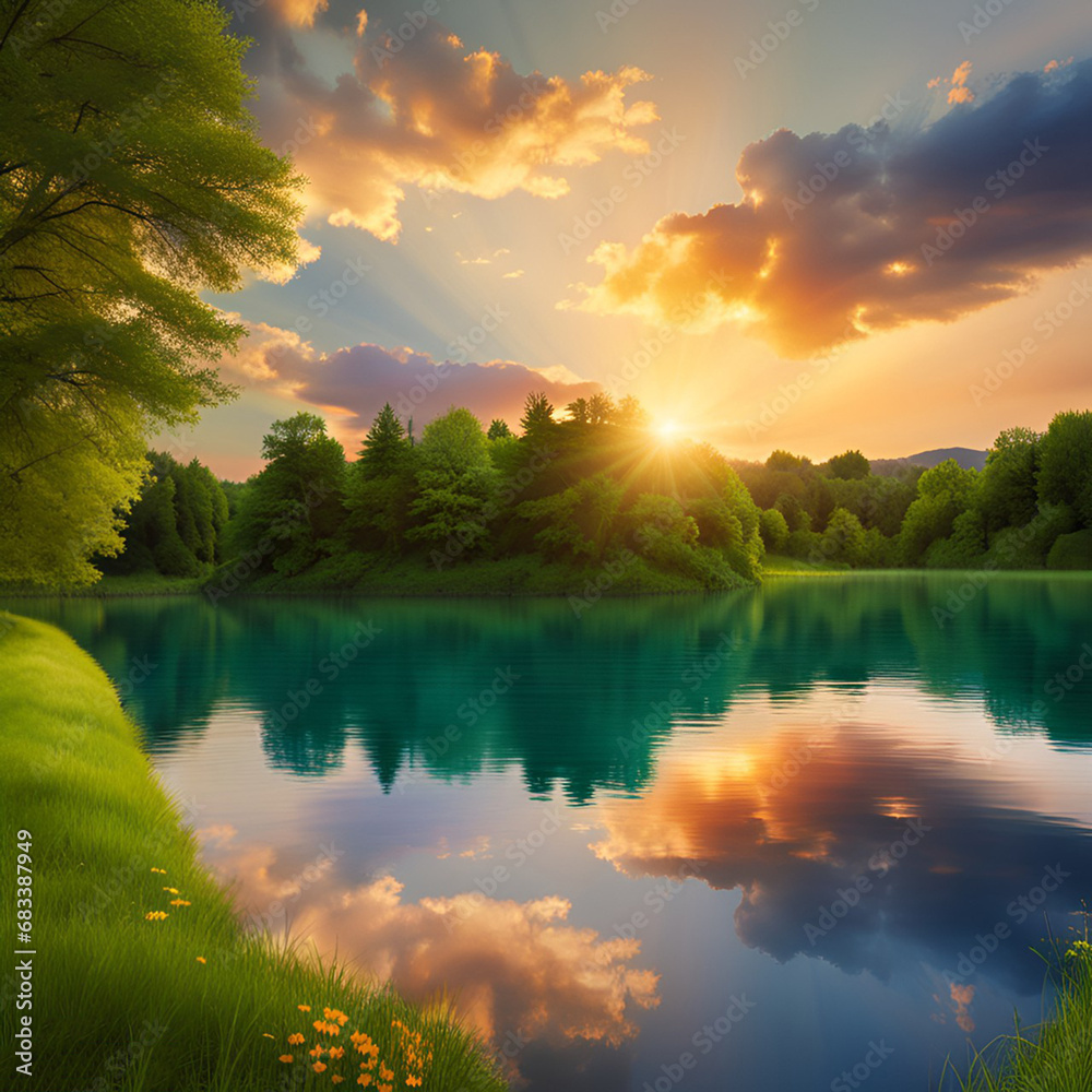 Sunset over the lake. Summer landscape. Sunset over the lake. Summer landscape.