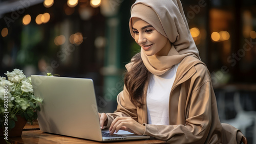 Young asian muslim woman looking at laptop happy excited successfull photo