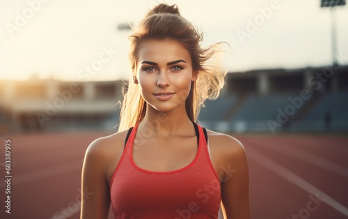 Fit beautiful girl jogging at the street stadium. AI