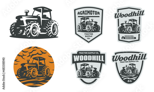 Set of farm logo, emblems, and badges. Simple line tractor illustration for rental, repair business.