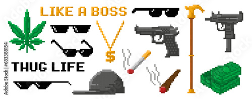 Pixel art gangsta rap accessories. Hip hop rapper pixelated sunglasses, cool gold chain, cigarette and black cap. Thug life vector icons photo