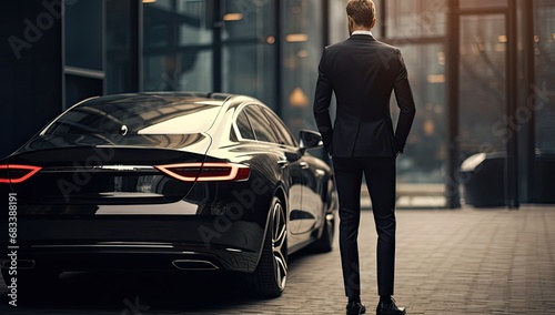Confident rich elegant man in suit near car