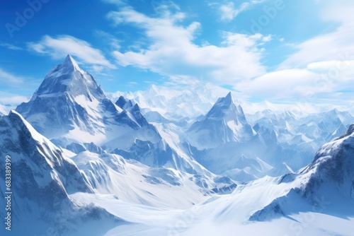 Majestic mountain range with snow peaks under a clear blue sky.