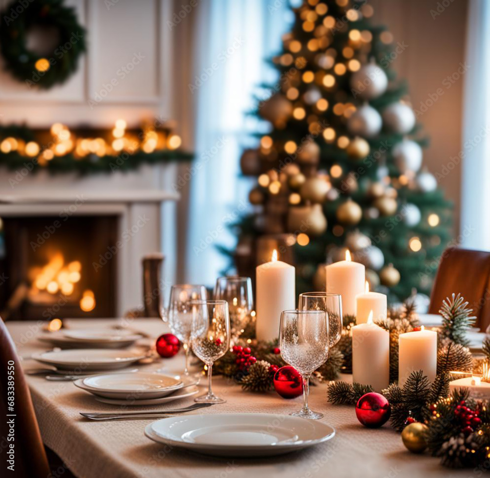 Christmas Eve dinner table setting. Cozy chrostmas living room.