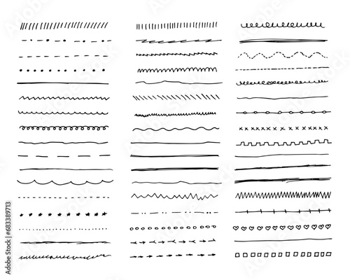 Different doodles set. Sketch lines pen drawing. Vector rough pencil brushes. Textures of pen of various shapes. Strokes, dotted lines, lines of different thickness and texture.