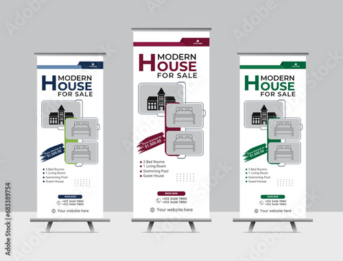 Corporate real estate roll up banner or pull up banner design template premium vector. Home for sale real estate roll up banner design.
home for sale real estate roll up banner, pull up banner templat