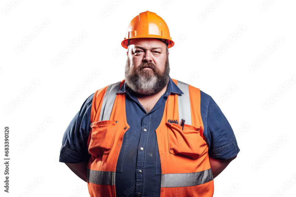 Portrait of construction worker Overweight man in engineer uniform on transparent background Portrait of construction worker Overweight man in engineer uniform on transparent background