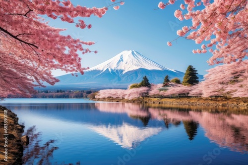 The breathtaking Mount Fuji stands majestically over a serene lake  surrounded by vibrant flowers and lush trees