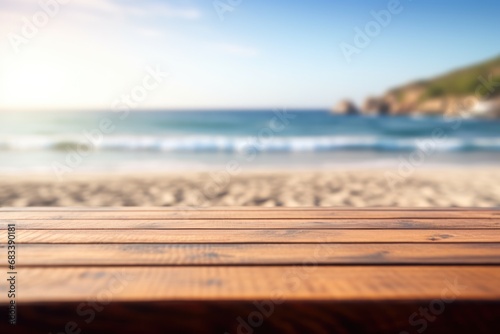 The empty wooden brown table top with blur background of a beach.
