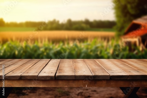 The empty wooden brown table top with blur background of farm and barn © Andrus Ciprian