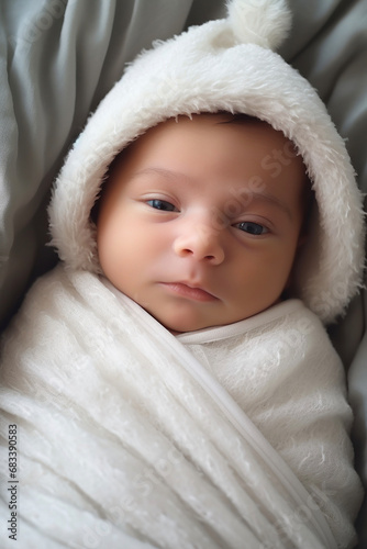 Newborn baby wrapped in beautiful fabrics